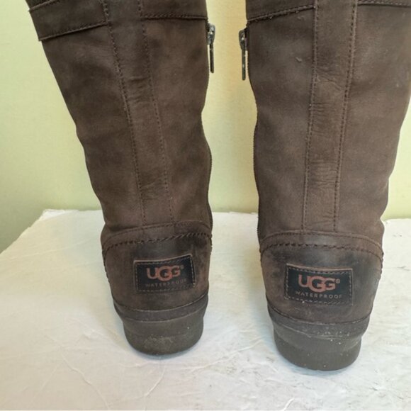 UGG ELSA Waterproof Tall Leather Suede Boots Zipper Laces Brown Winter Neutral 6 - Picture 10 of 16